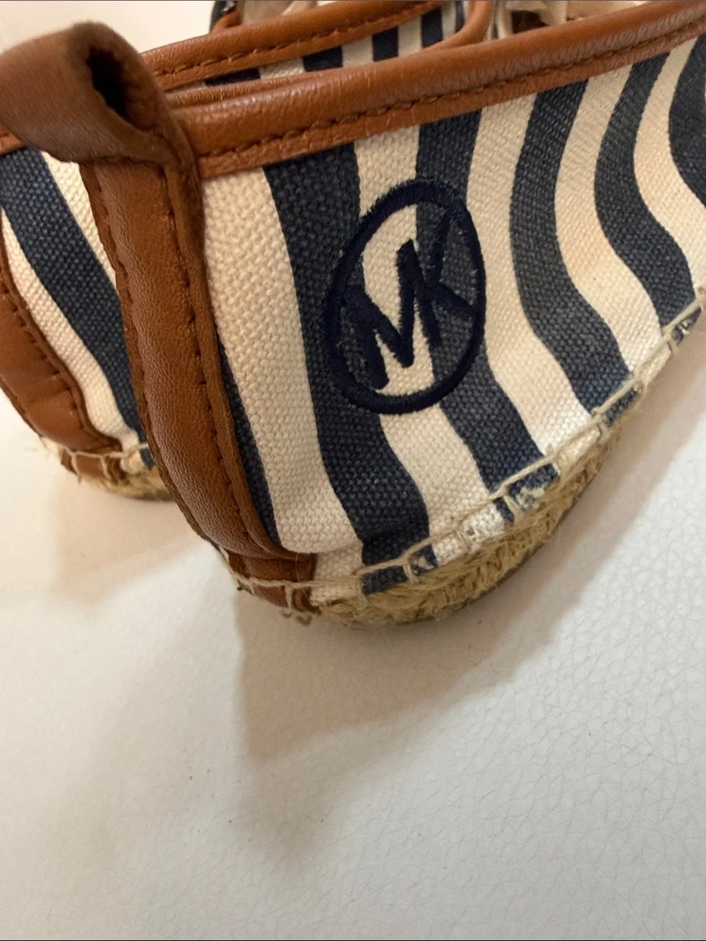 Michael Kors Navy & White Striped Espadrille Flats with Brown Trim